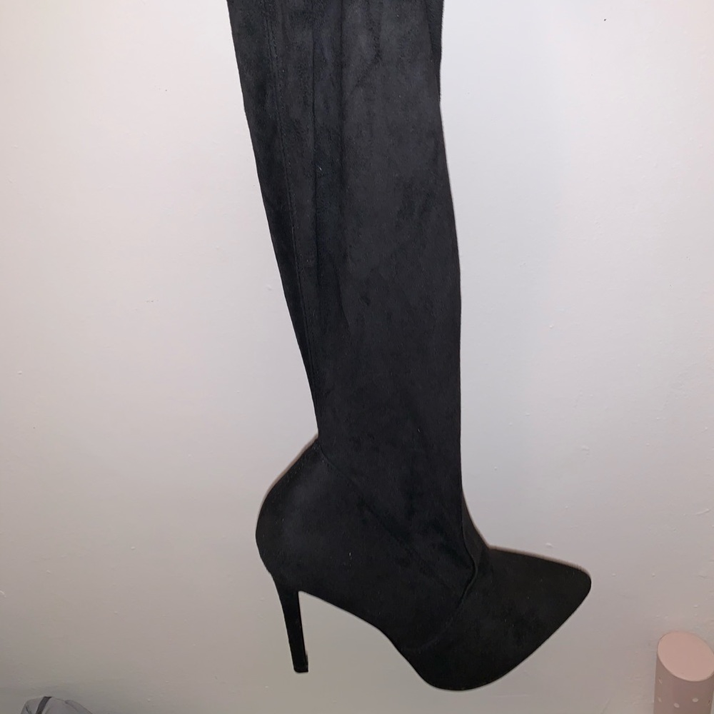 Black suede thigh high stiletto boots